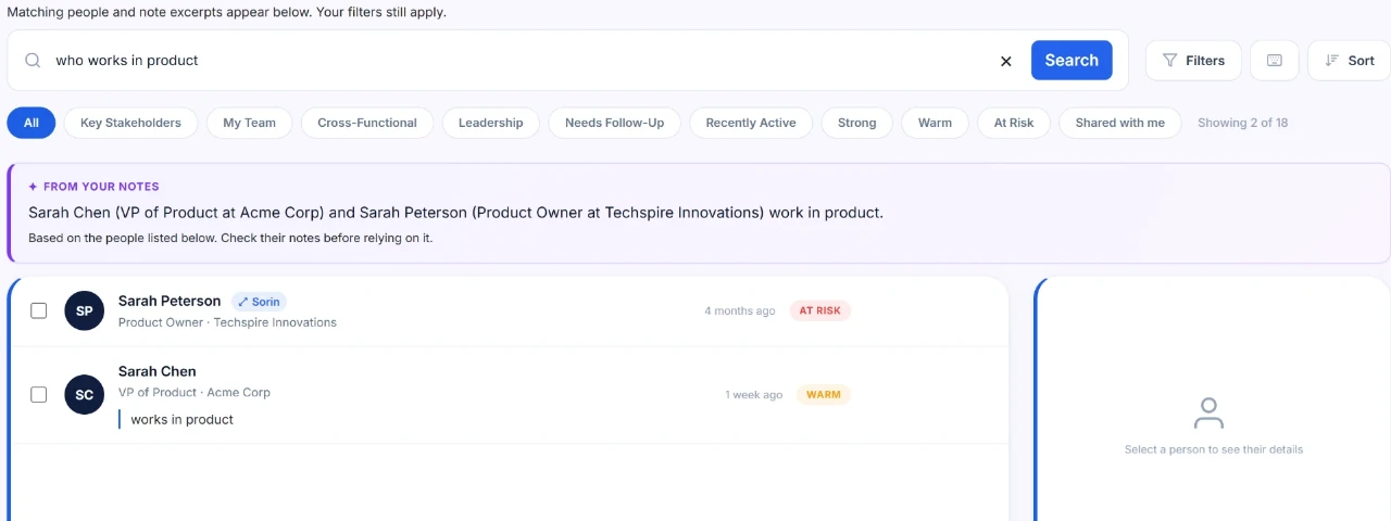 Orvo web app answer: two people who work in product, with the matching note excerpt