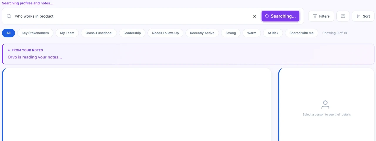 Orvo web app searching notes for the question 'who works in product'