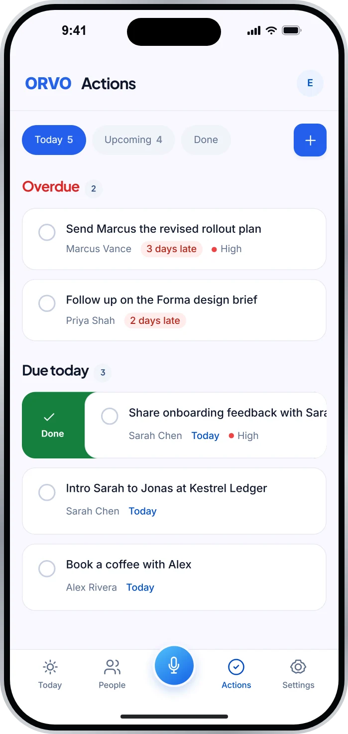 Orvo Actions on iPhone: overdue and due-today follow-ups with swipe to complete