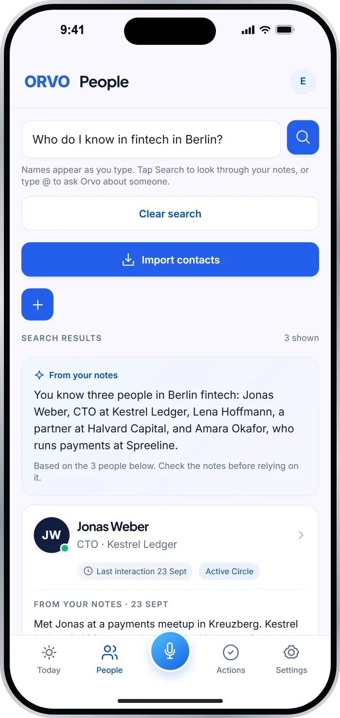 Ask Orvo on iPhone: a question about who you know in fintech in Berlin, answered from your own notes with the people it found