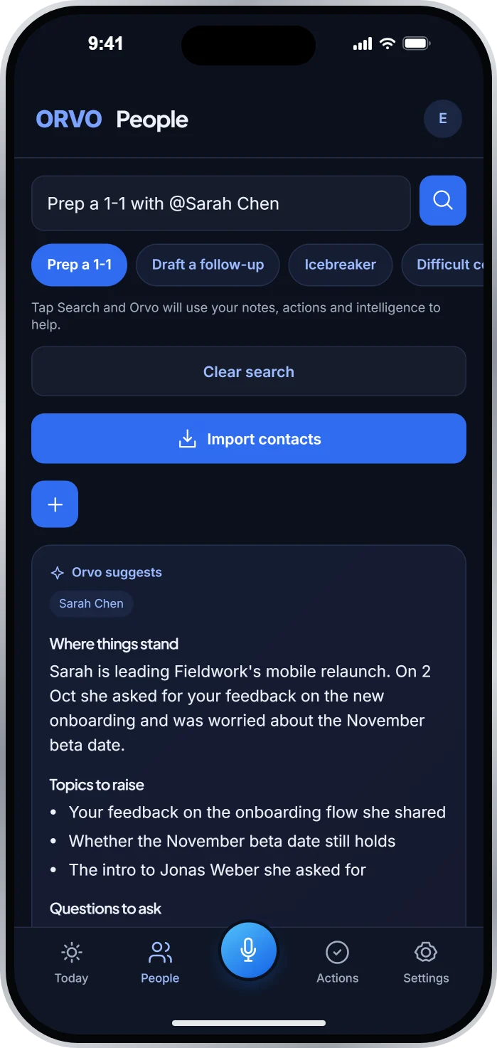 Orvo meeting prep on iPhone: Prep a 1-1 with Sarah Chen, with topics to raise and questions to ask