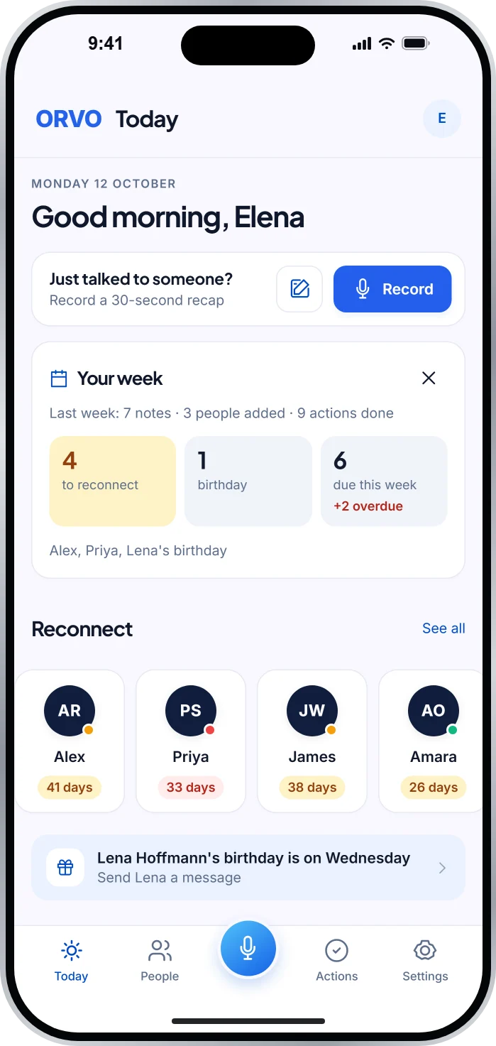 Orvo Today on iPhone: weekly recap, people to reconnect with and a birthday reminder