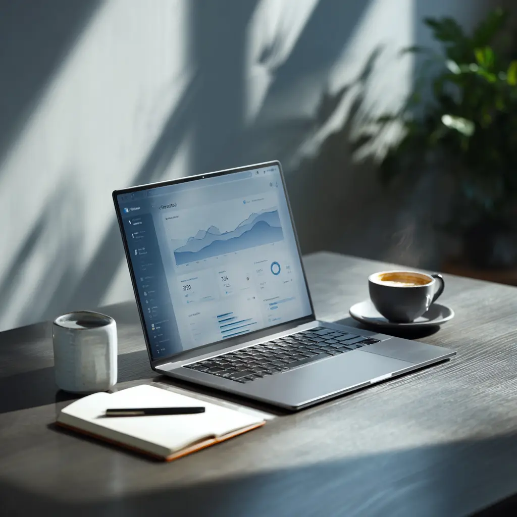 Laptop showing Orvo dashboard on a minimal desk with coffee