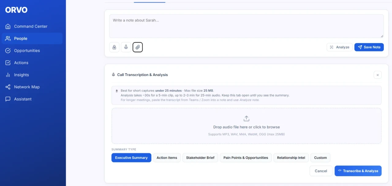 Orvo AI Notes: call transcription and analysis with summary types (executive summary, action items, stakeholder brief, pain points and opportunities, relationship intel, custom)