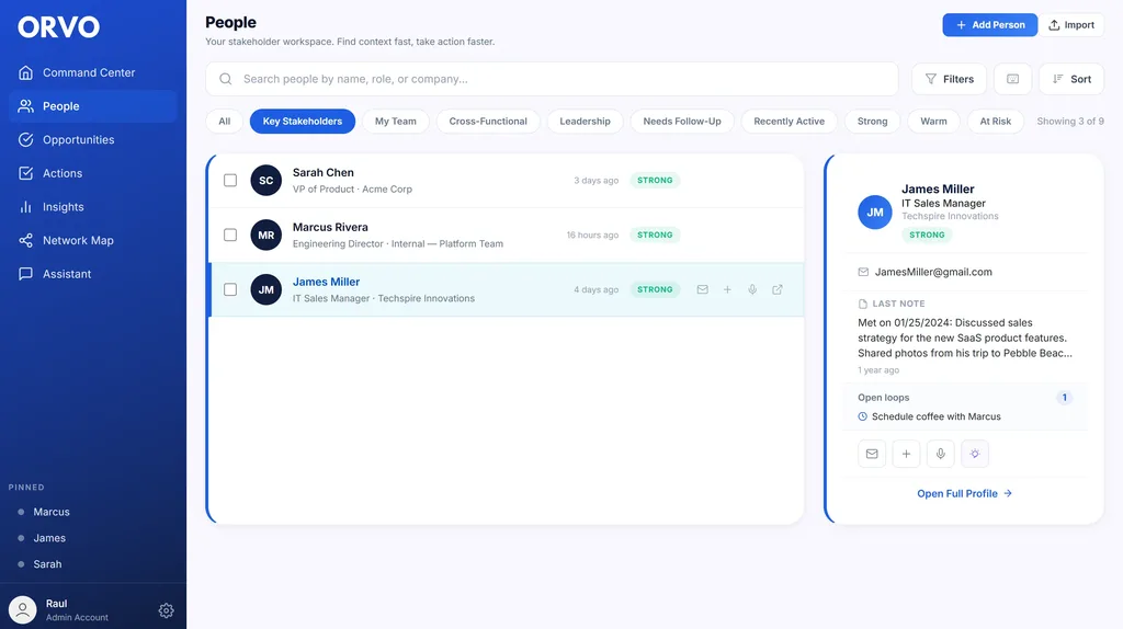 Orvo People — stakeholder profiles with filters and context