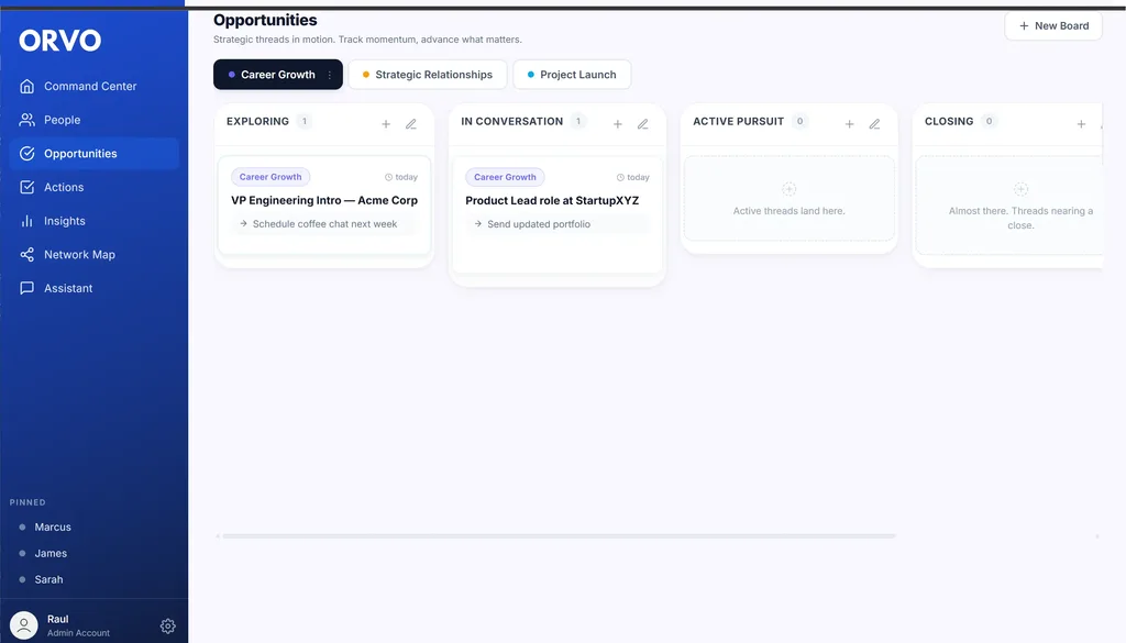 Orvo Opportunities — kanban board for strategic threads and initiatives