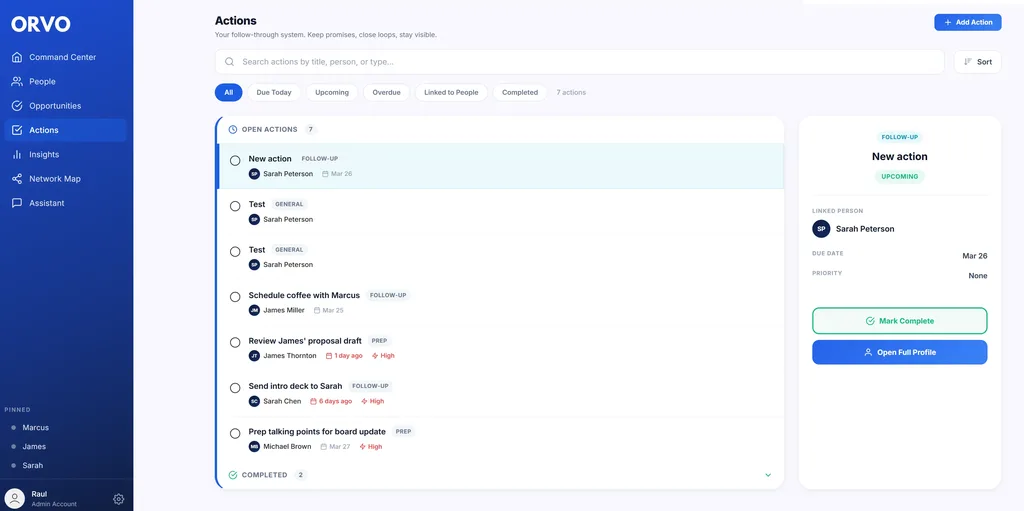 Orvo Actions — track follow-ups, commitments, and stakeholder engagement