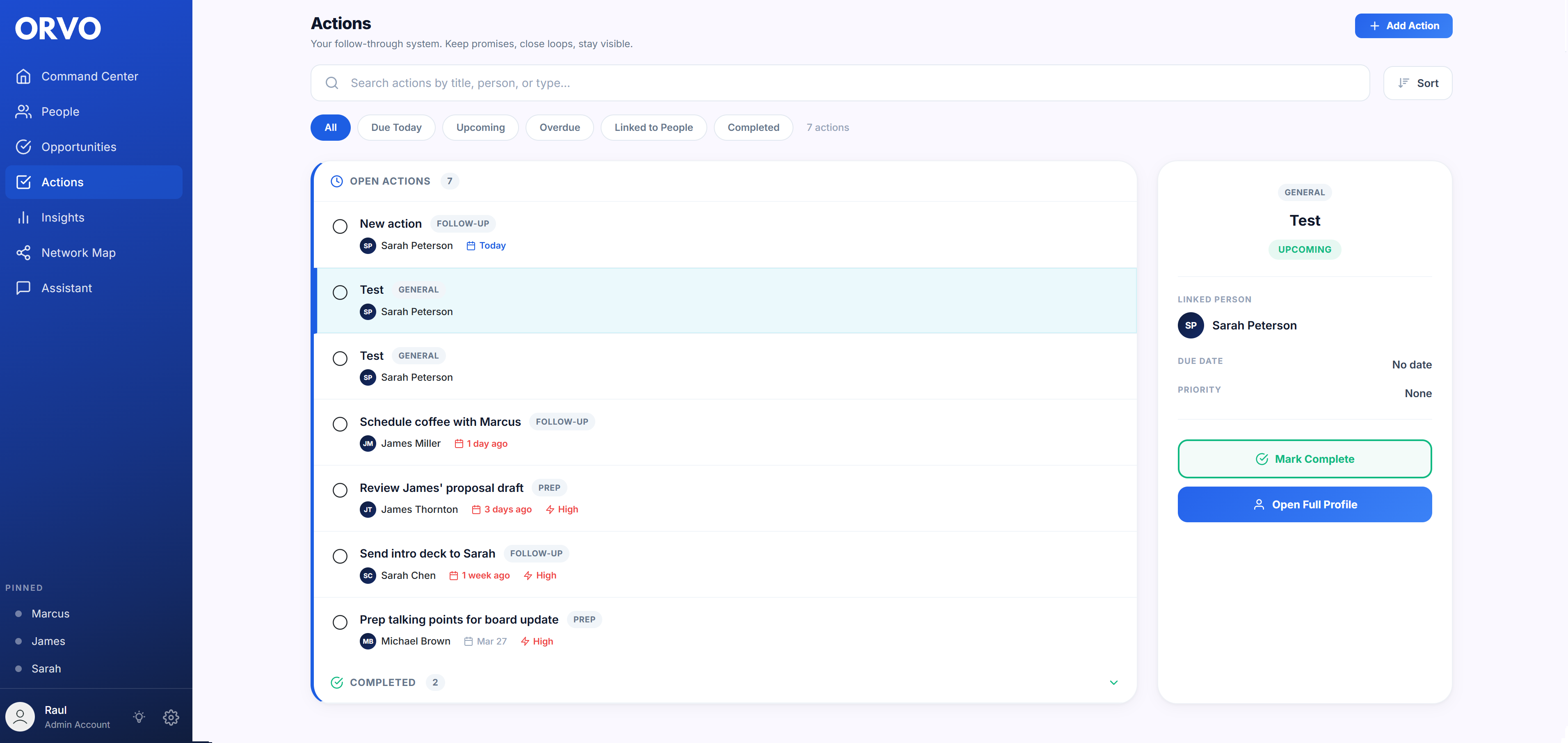 Orvo Actions view showing tracked accomplishments and follow-up items