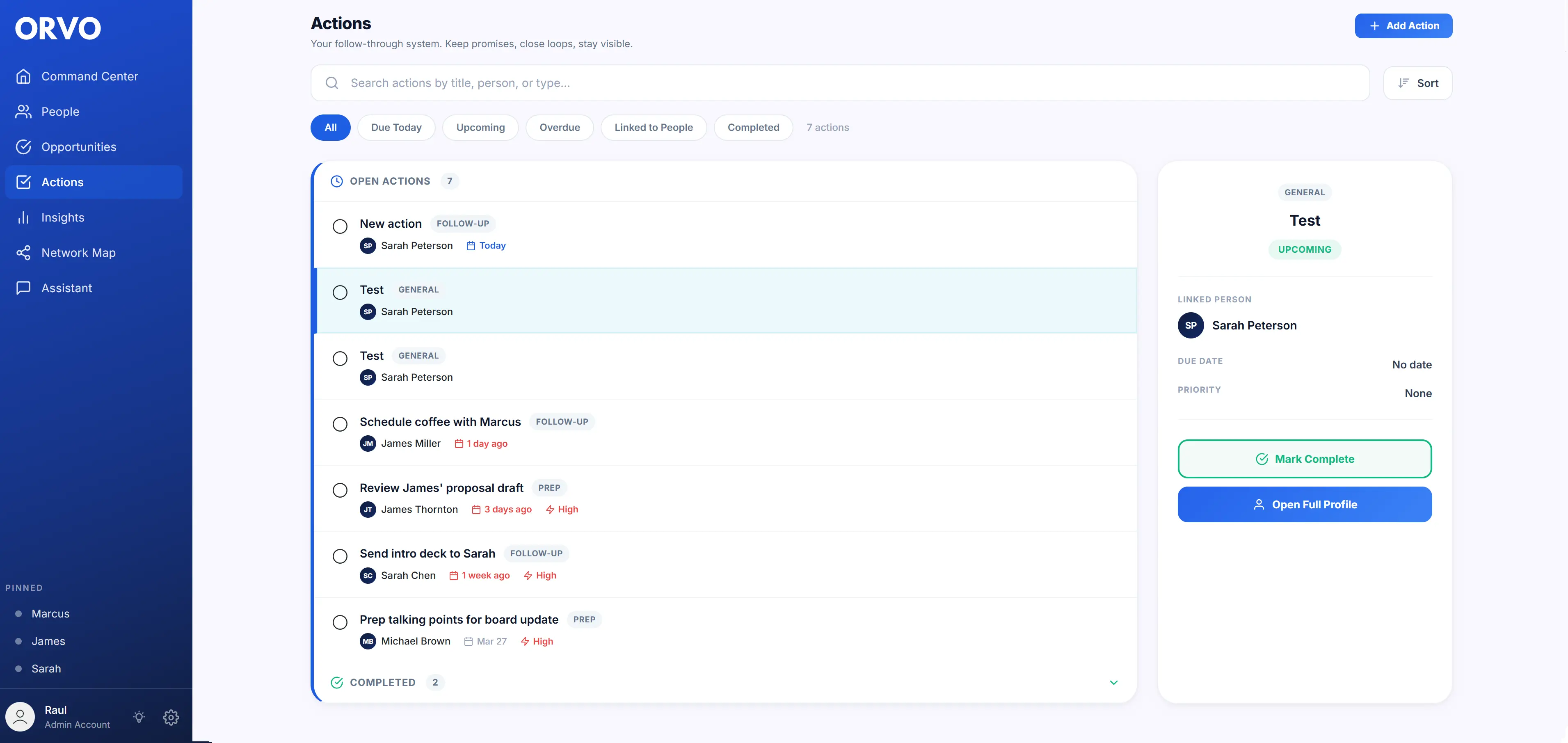 Orvo Actions view showing tracked tasks, follow-ups, and relationship activities