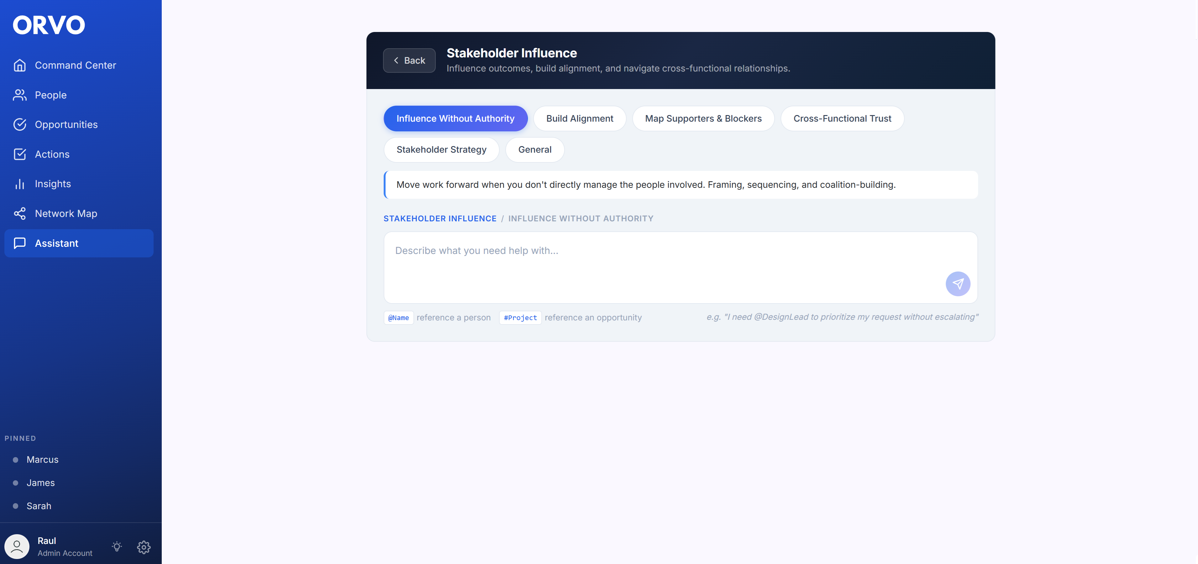 Orvo AI Assistant providing stakeholder intelligence for executive meeting preparation