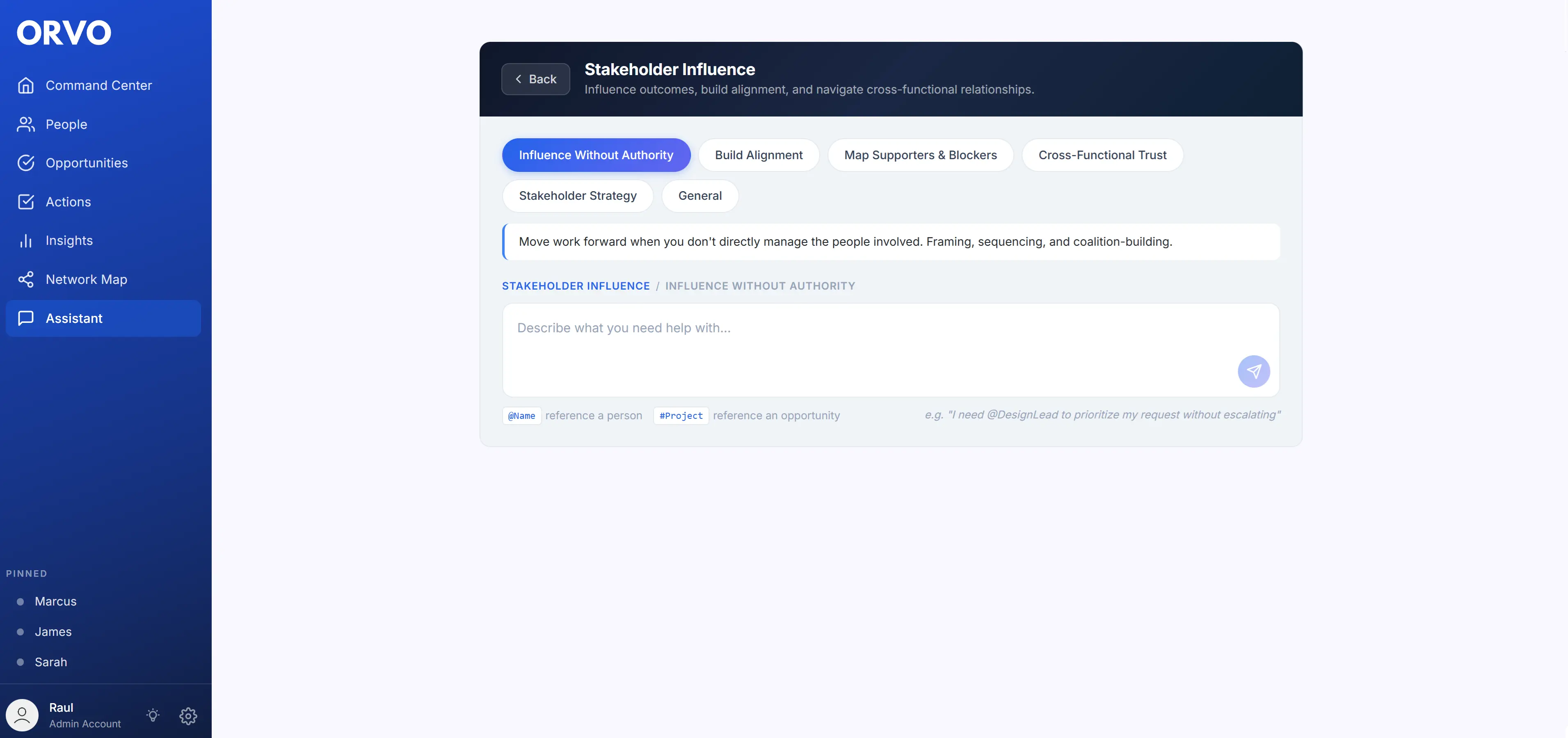 Orvo AI Assistant showing Stakeholder Influence analysis for a professional contact