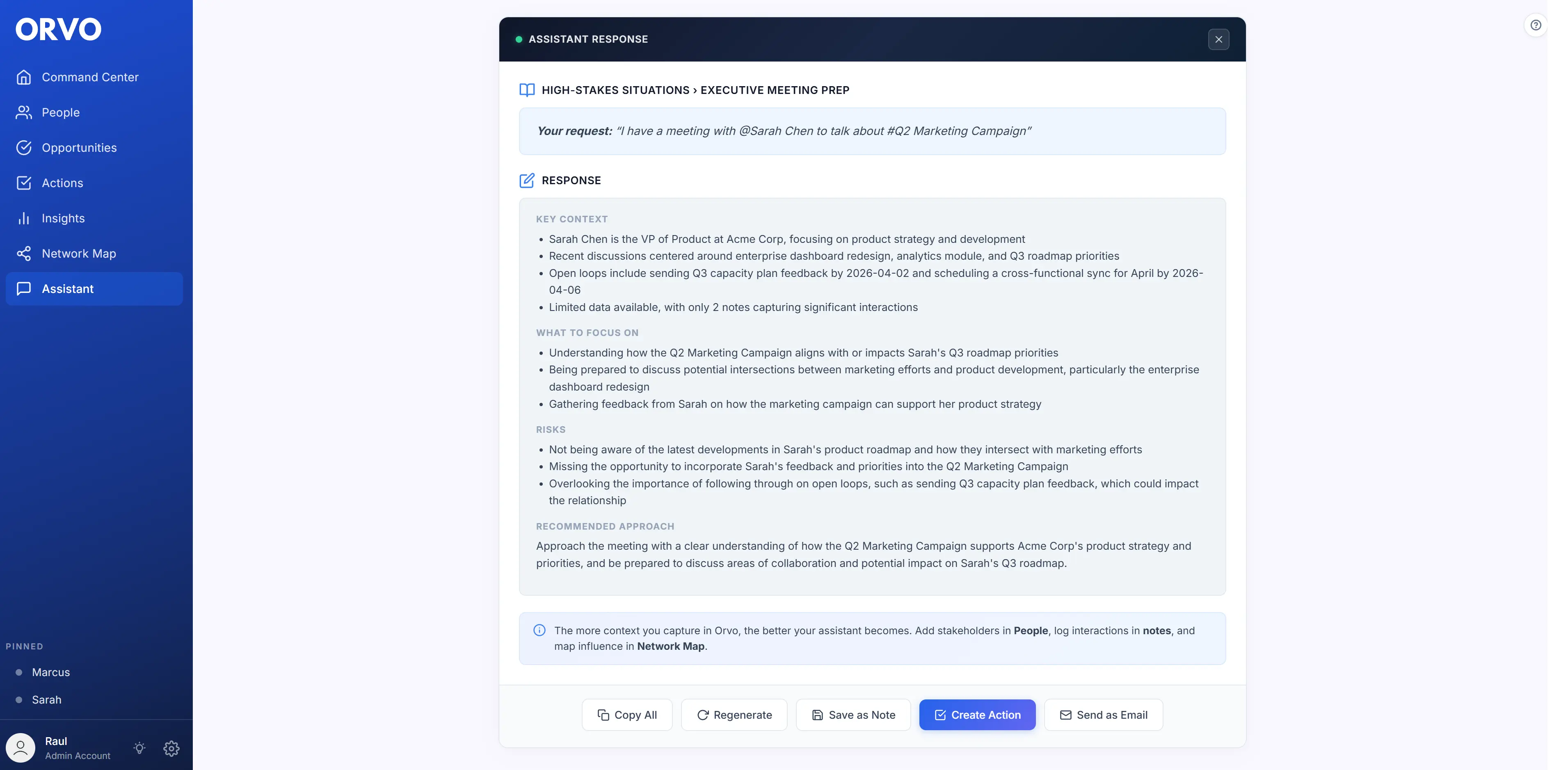 Orvo AI Meeting Preparation showing contextual brief with relationship history and talking points