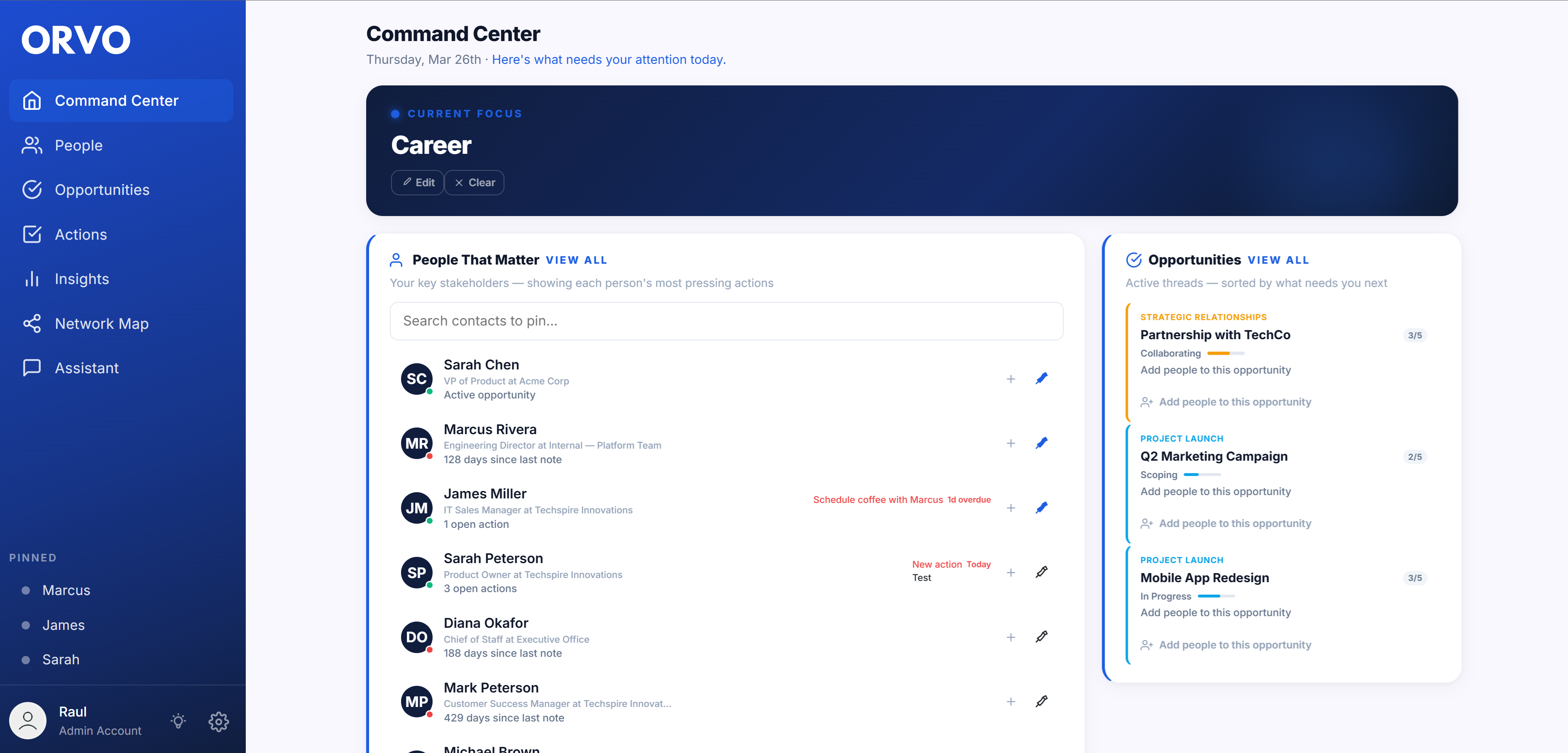 Orvo Command Center showing People That Matter and key relationship metrics