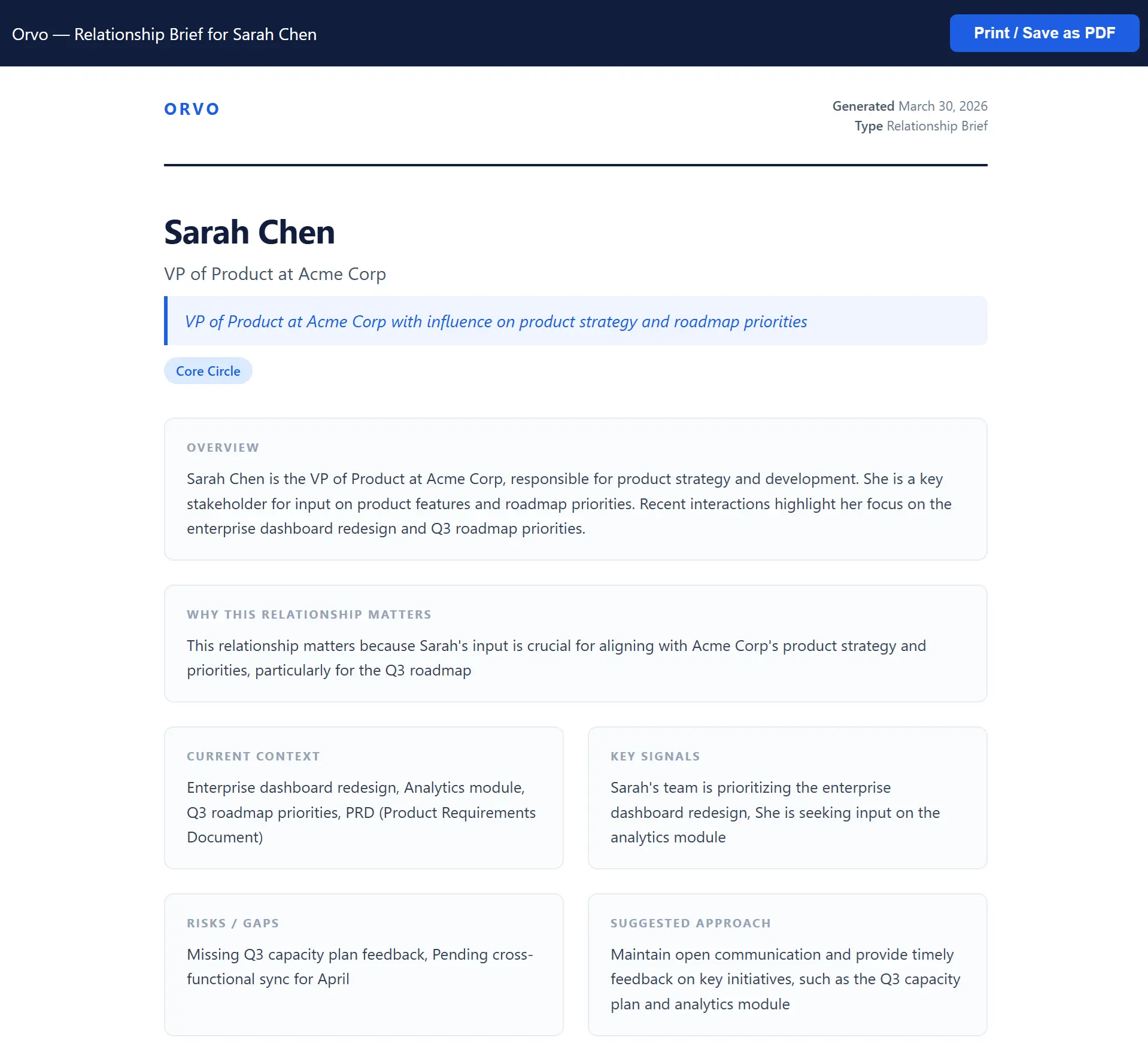 Orvo Export to PDF feature showing a formatted contact brief with relationship history and AI intelligence