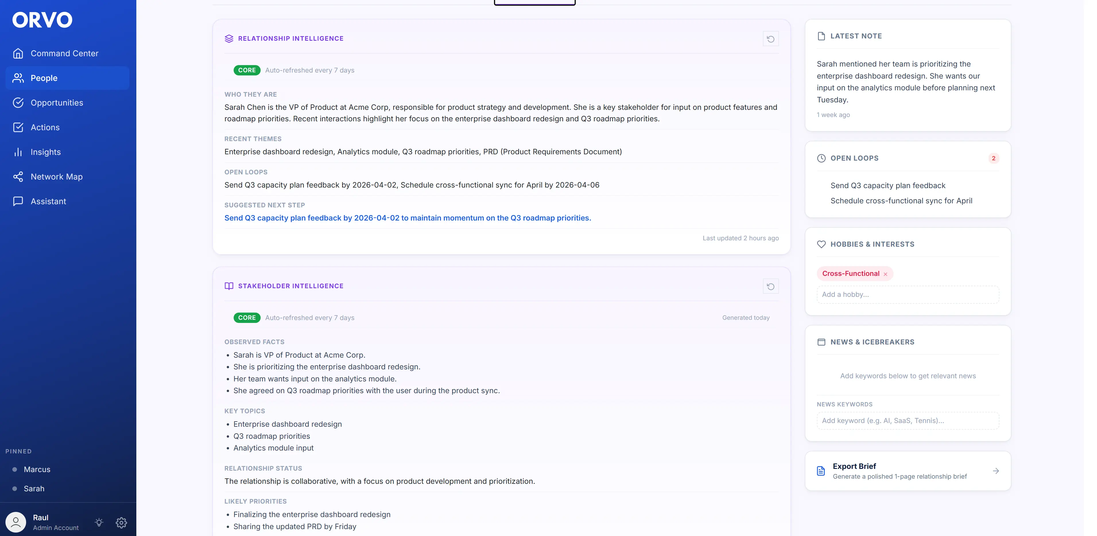 Orvo AI-powered Relationship Intelligence showing automated analysis of a professional contact profile