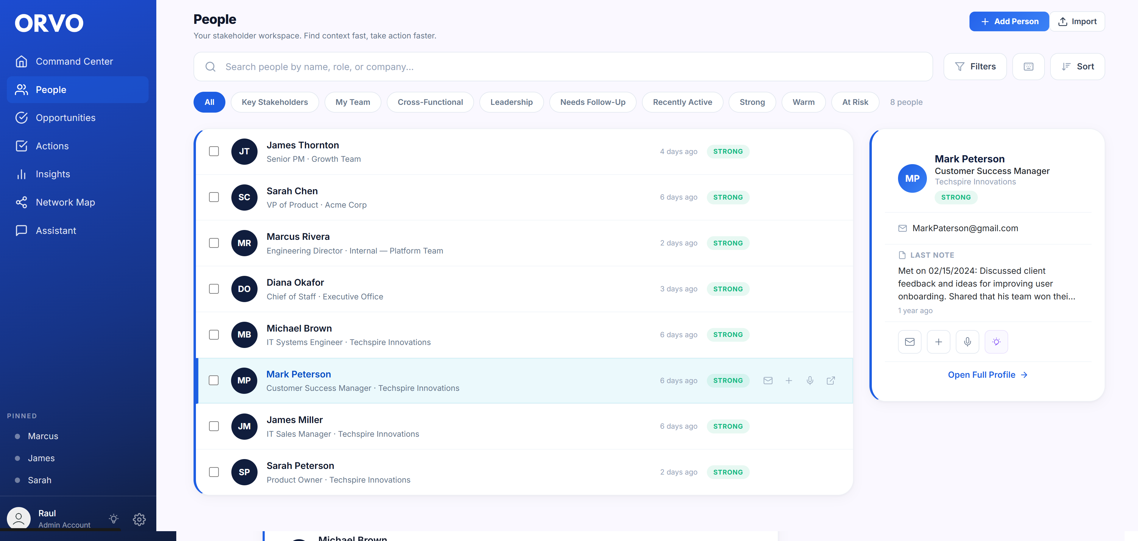 Orvo People view showing dormant connections with follow-up reminders
