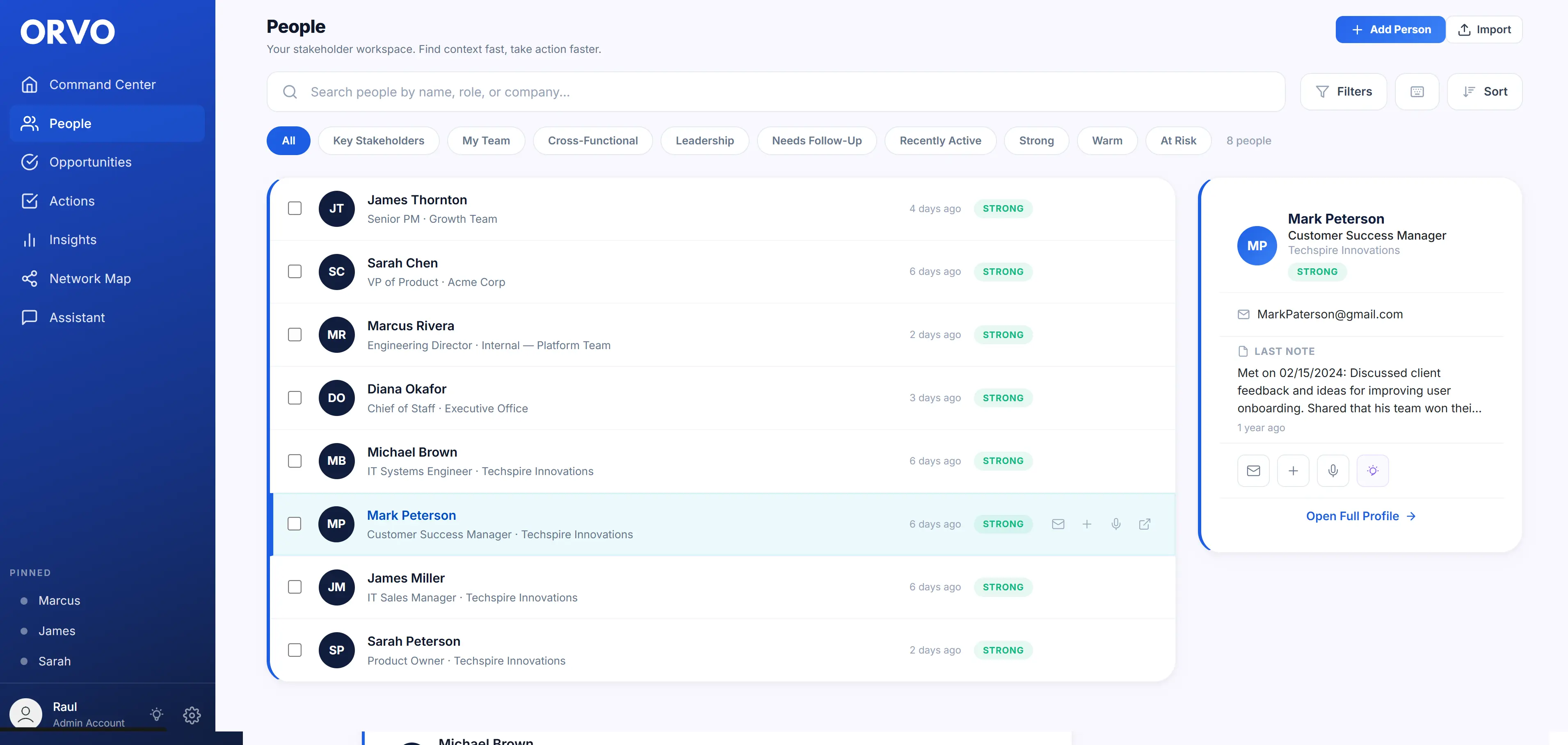 Orvo People view showing contact list with preview panel, relationship tags, and interaction timeline